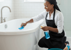 Residential cleaning team sanitizing a bathtub in a Los Lunas home bathroom.